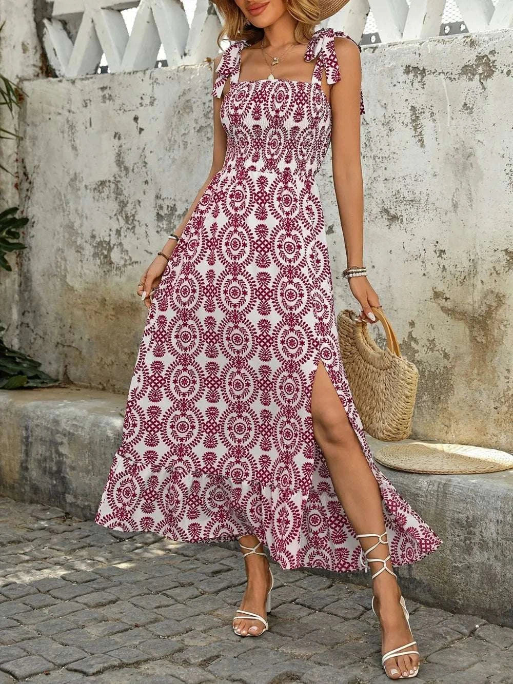 Smocked Slit Printed Tie Shoulder Dress WESTCLOSET