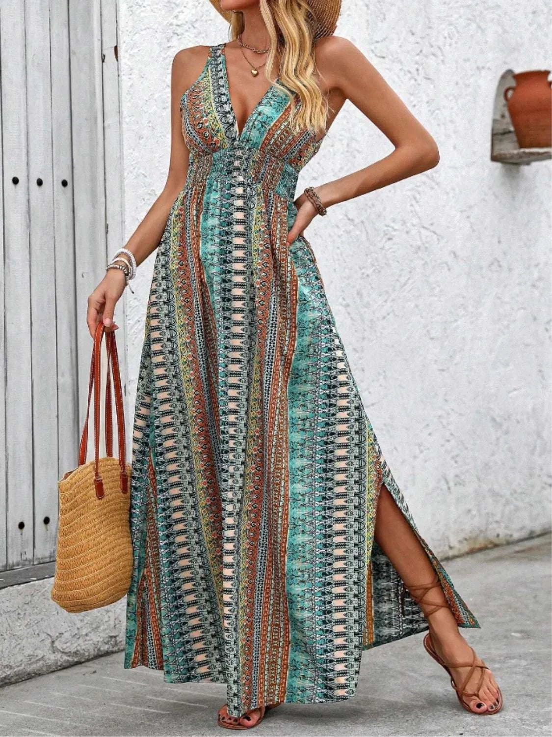 Tied Back Printed Sleeveless Maxi Slit Dress WESTCLOSET