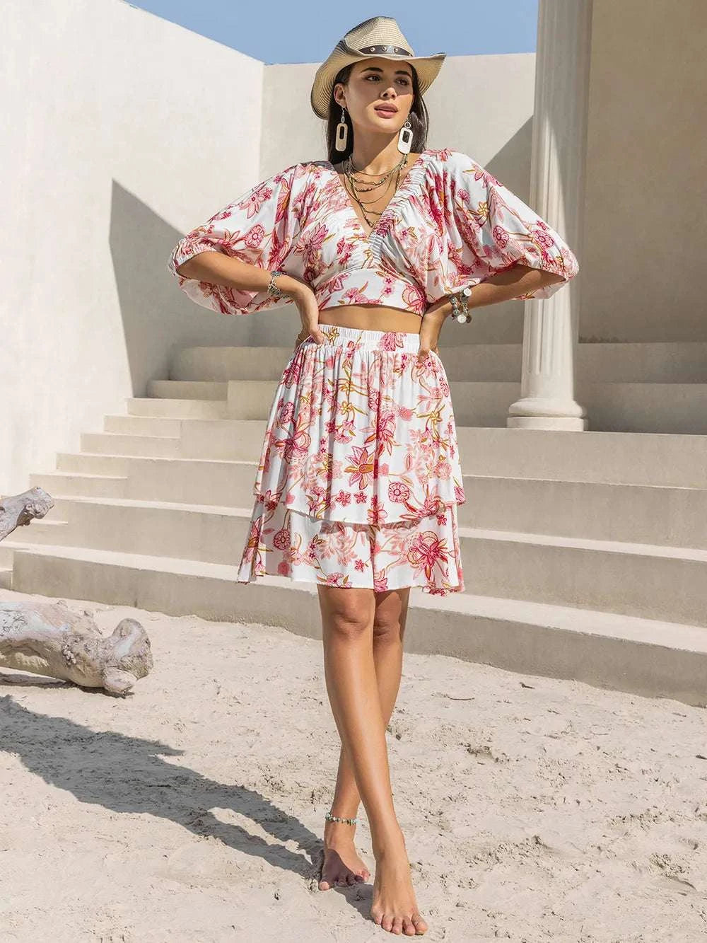 Printed Half Sleeve Top and Layered Skirt Set WESTCLOSET