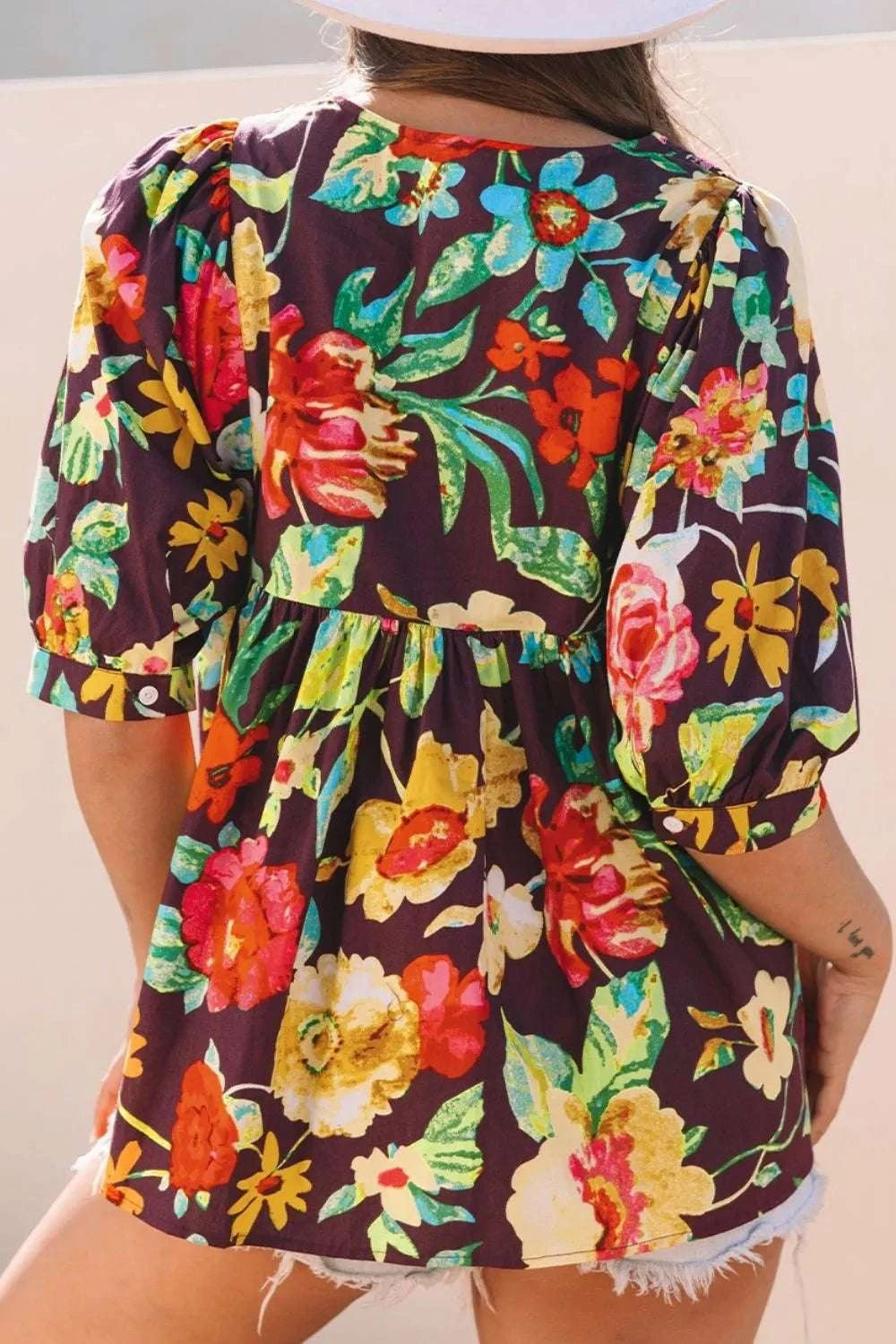 Flower Embroidered Trim Half Sleeve Blouse WESTCLOSET