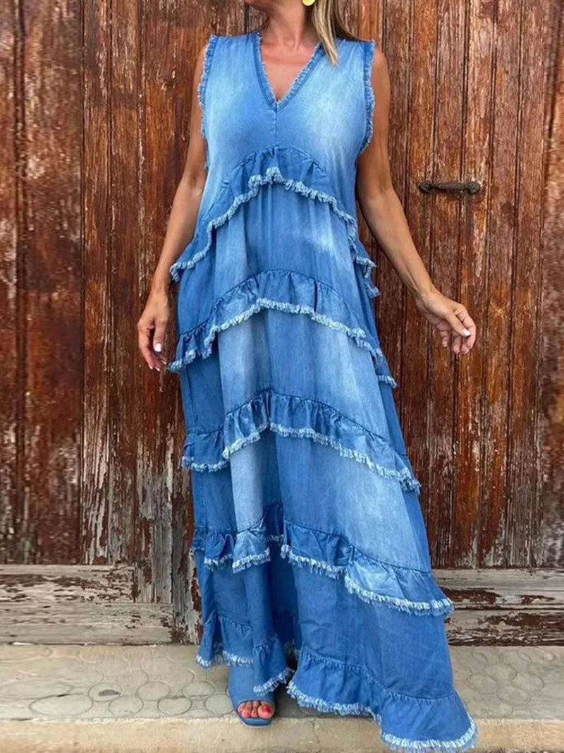 Raw Hem Layered Denim Maxi Dress WESTCLOSET
