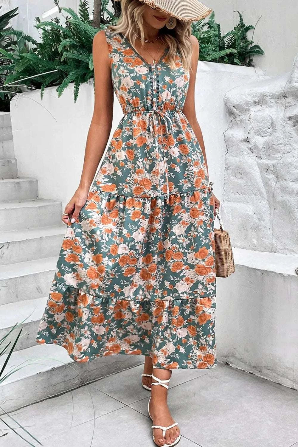 Floral Print Trimmed V Neck Tie Waist Sleeveless Dress WESTCLOSET