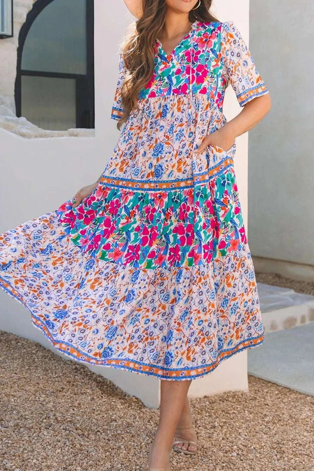 Mixed Floral Print Tie Neck Short Sleeve Dress WESTCLOSET