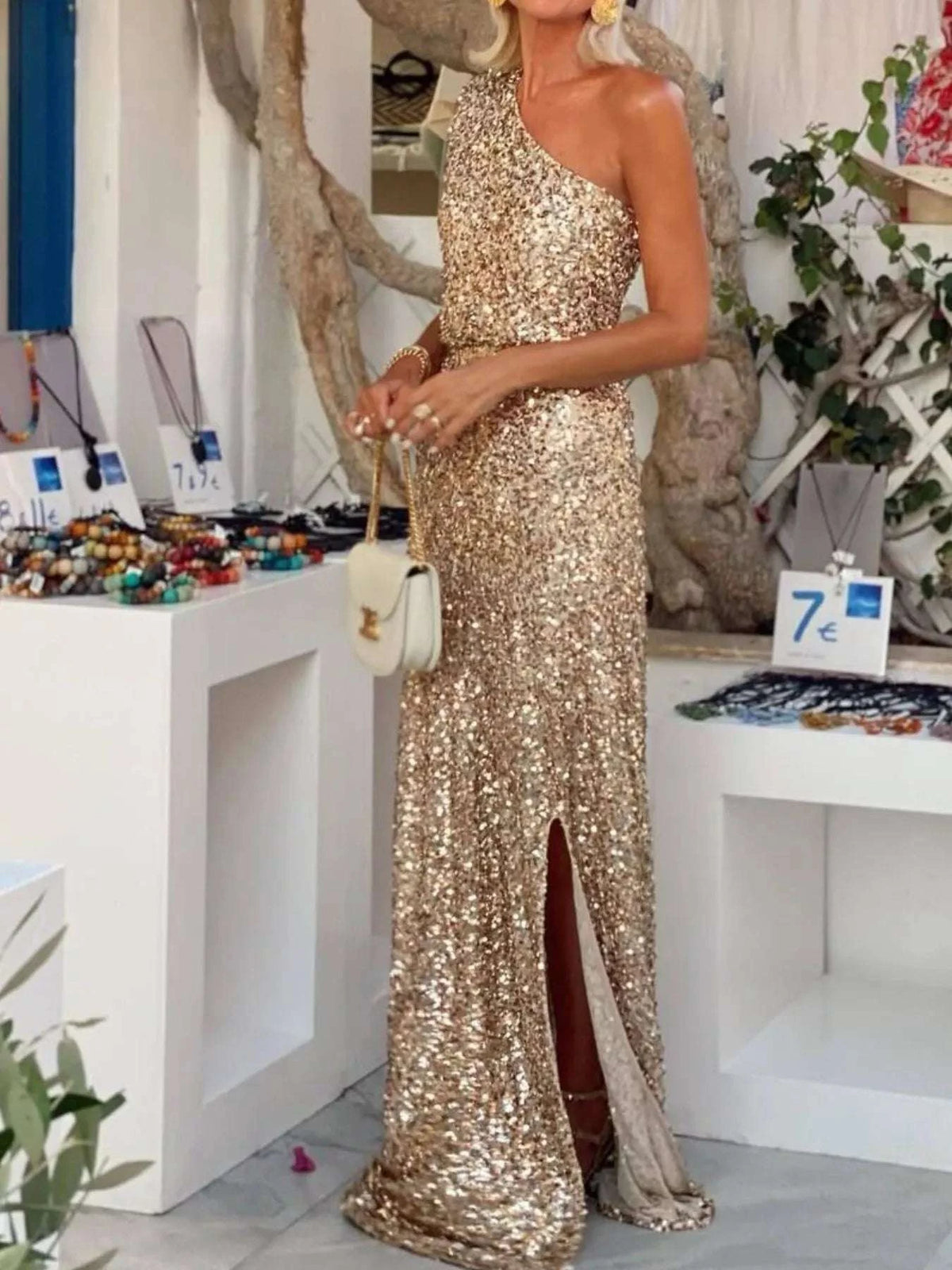 Sequin One-Shoulder Slit Maxi Dress WESTCLOSET