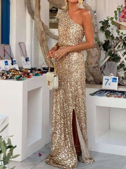 Sequin One-Shoulder Slit Maxi Dress WESTCLOSET