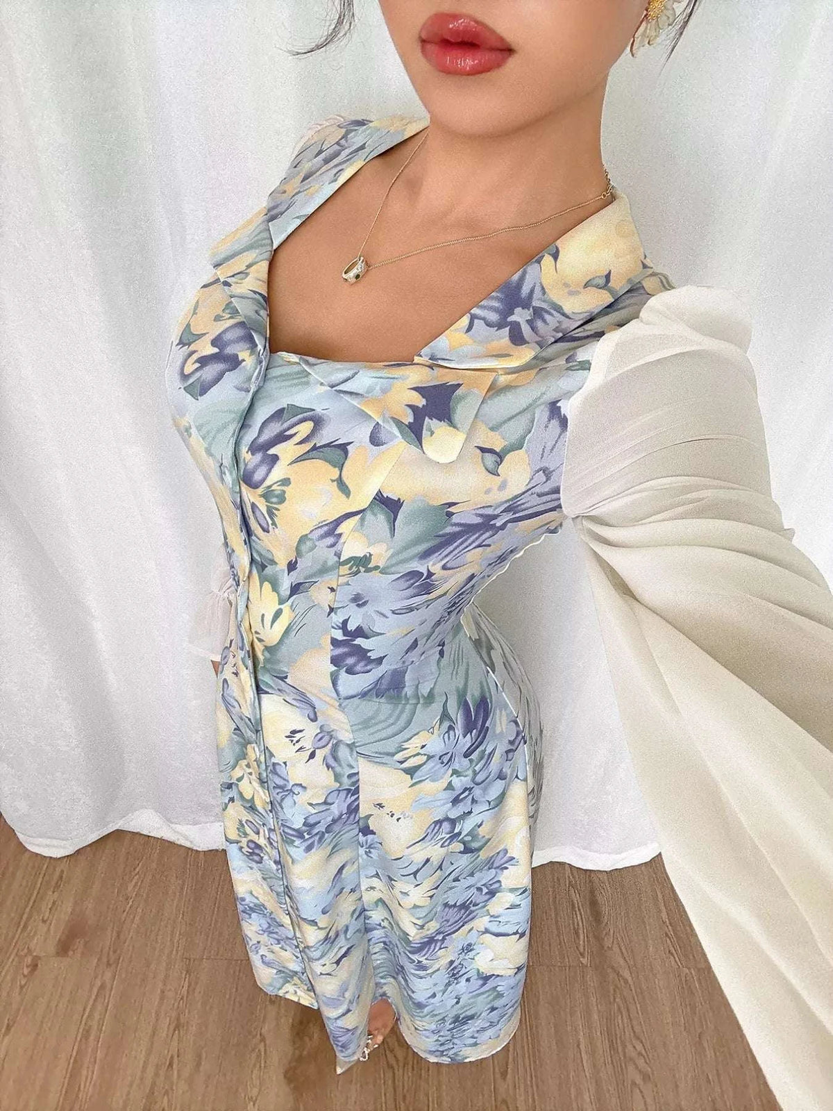 Floral Print Sheer Flounce Sleeves Dress WESTCLOSET