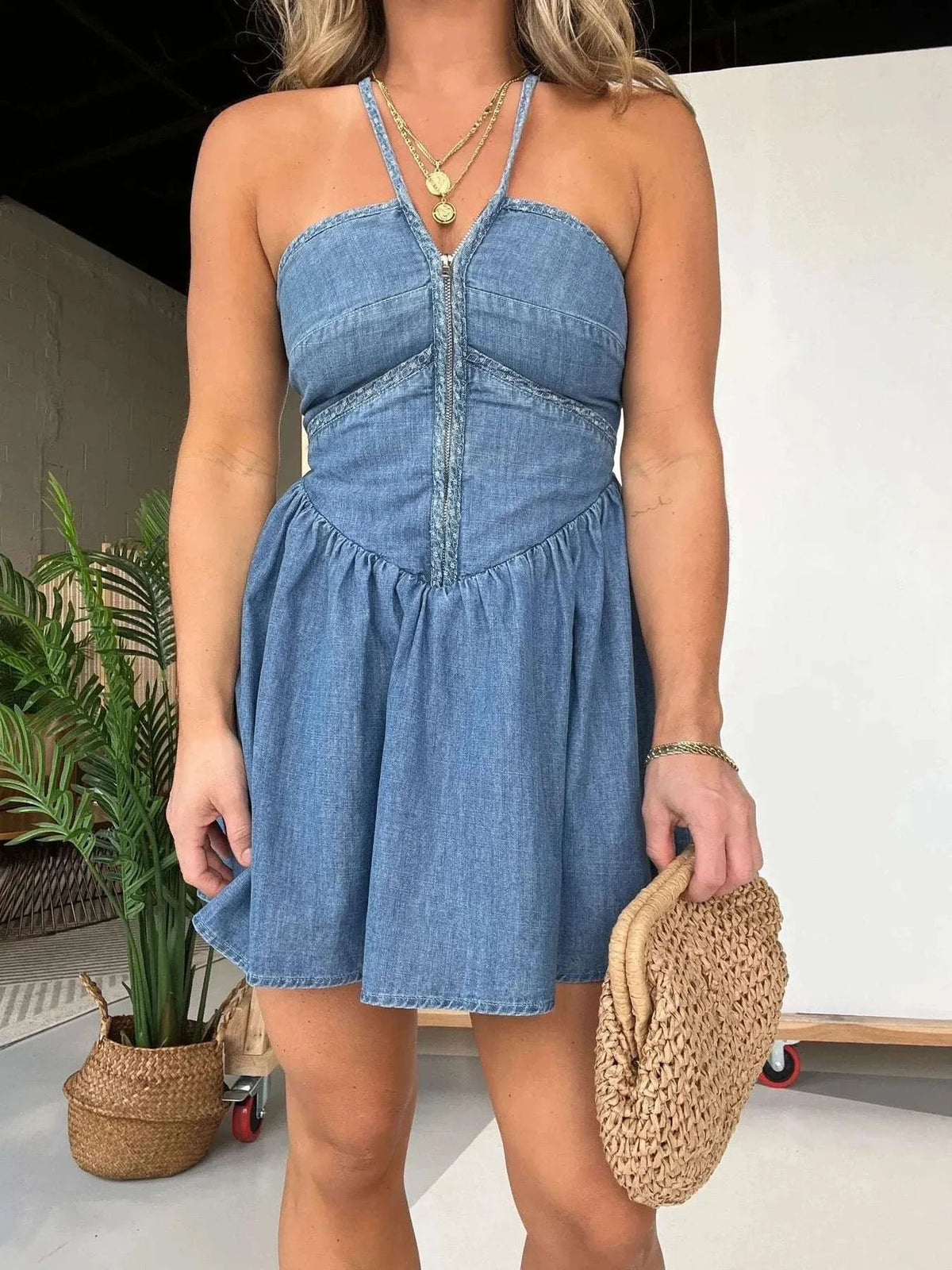 Full Size Lace Up Halter Neck Denim Dress Plus Size WESTCLOSET