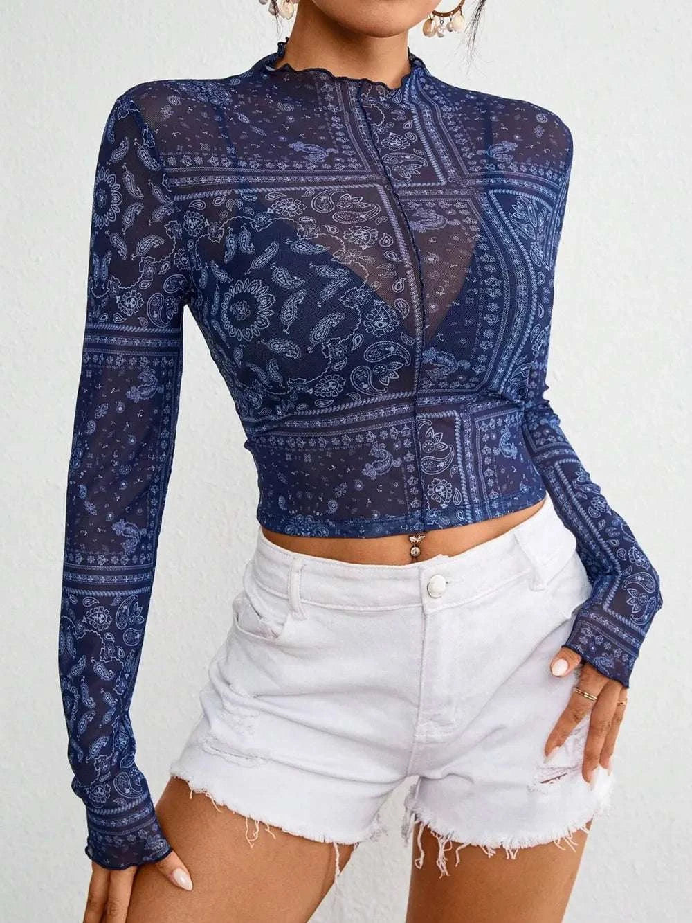 Paisley Mock Neck Long Sleeve Sheer Top WESTCLOSET