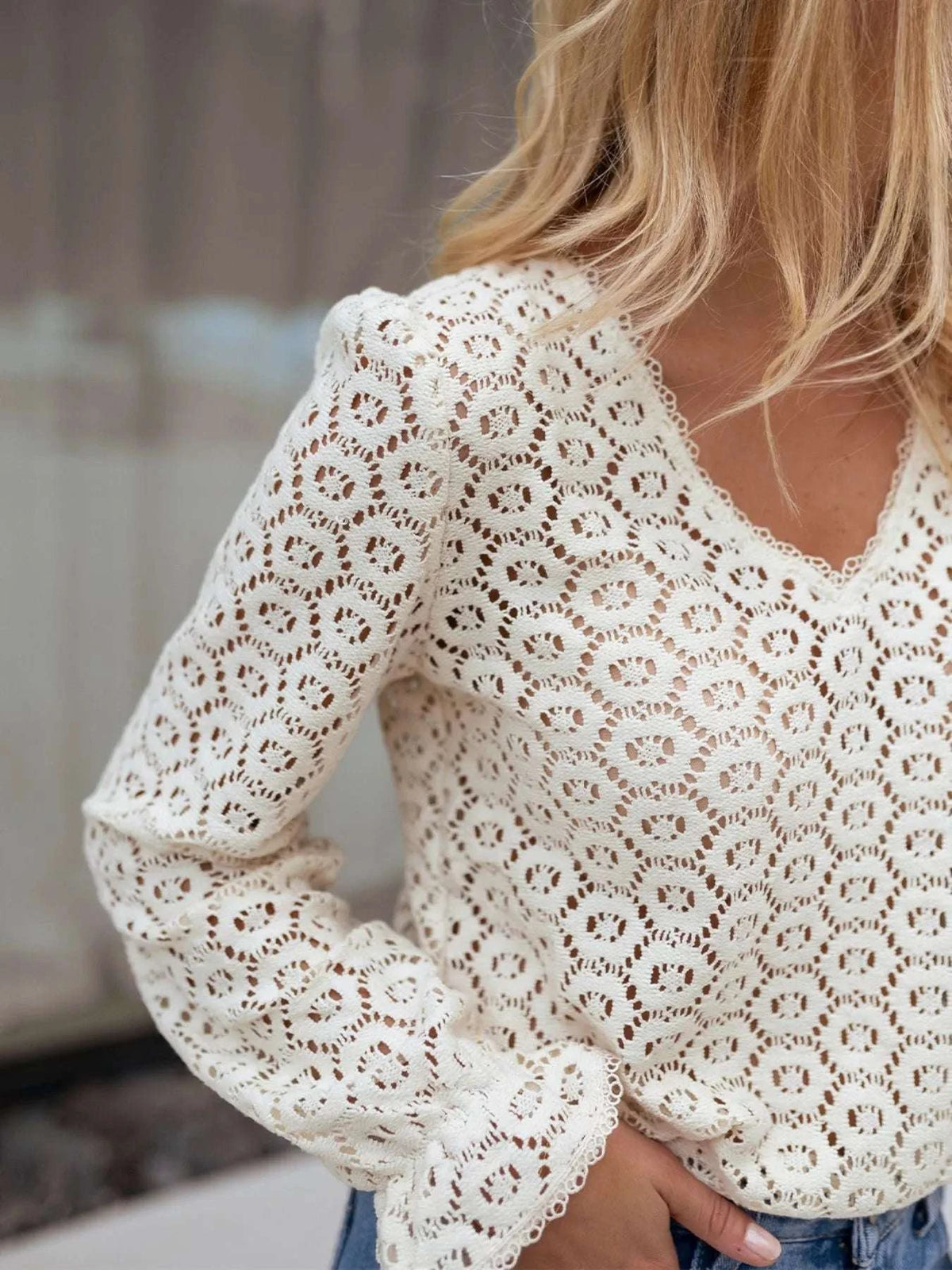 Crochet Lace V-Neck Long Sleeve Blouse WESTCLOSET