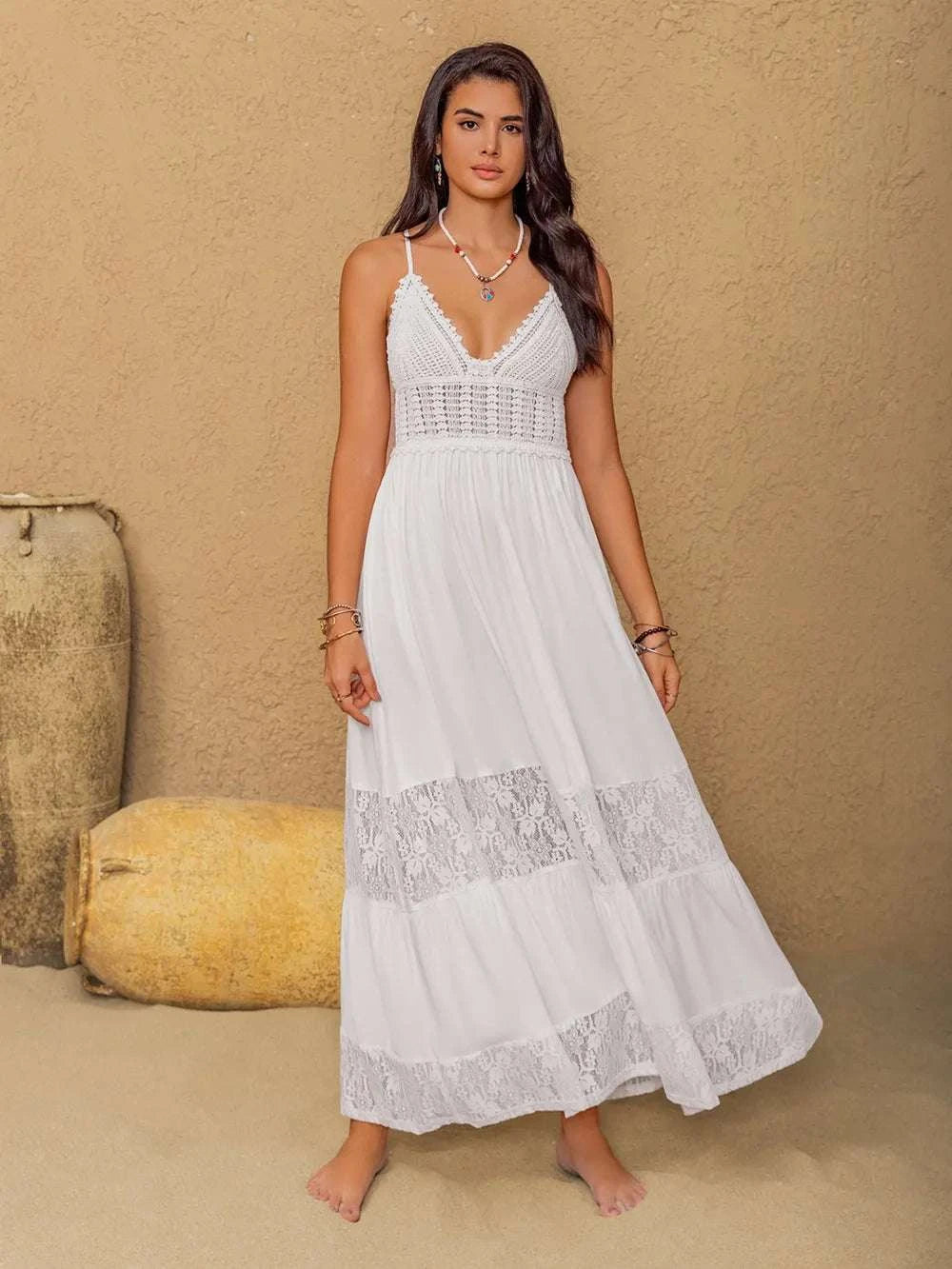 Lace Detail Crochet Tiered Maxi Cami Dress WESTCLOSET