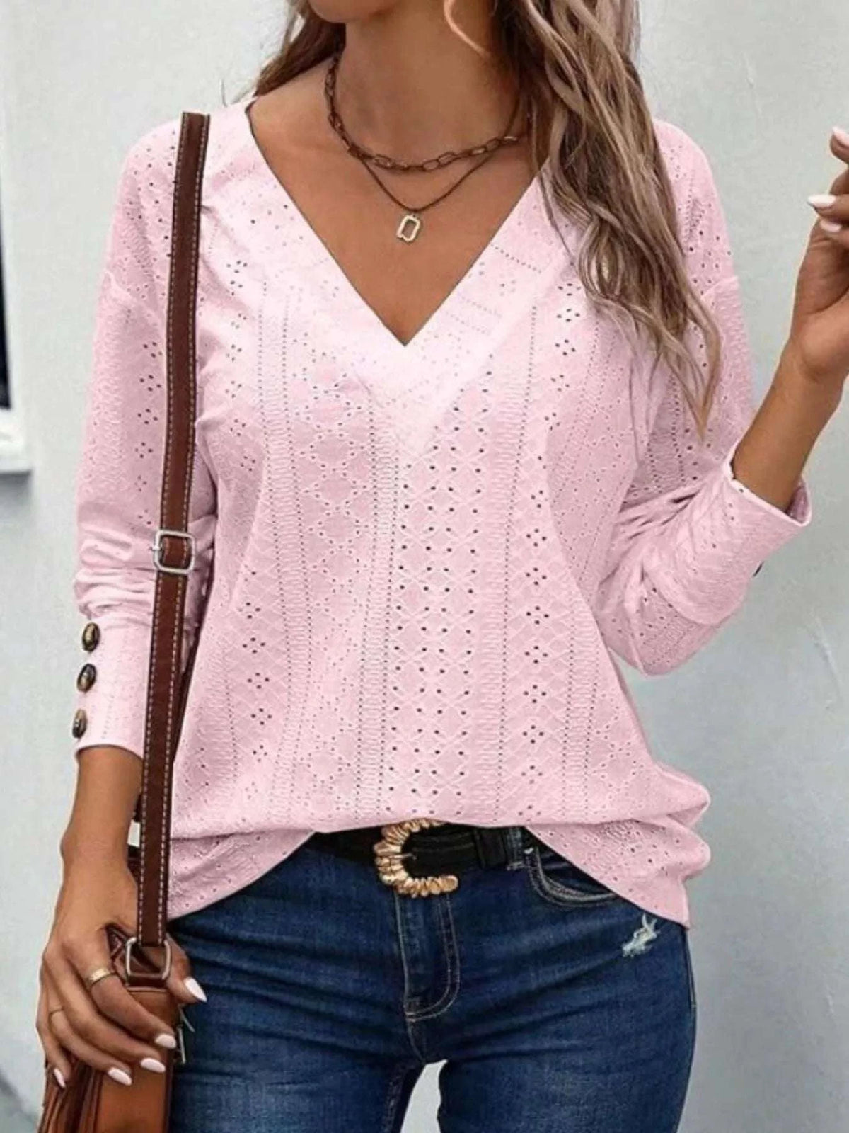 Eyelet V-Neck Long Sleeve T-Shirt WESTCLOSET