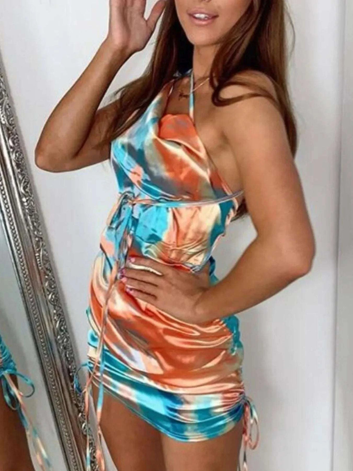 Tie-Dye Halter Ruched Mini Dress with Side Drawstring WESTCLOSET