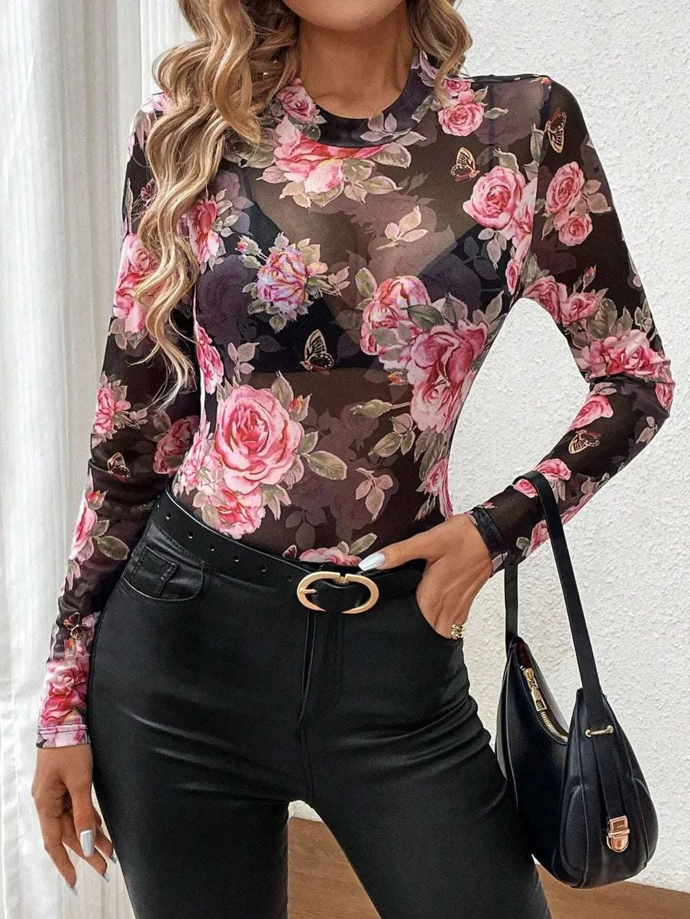 Mesh Floral Mock Neck Long Sleeve Top WESTCLOSET