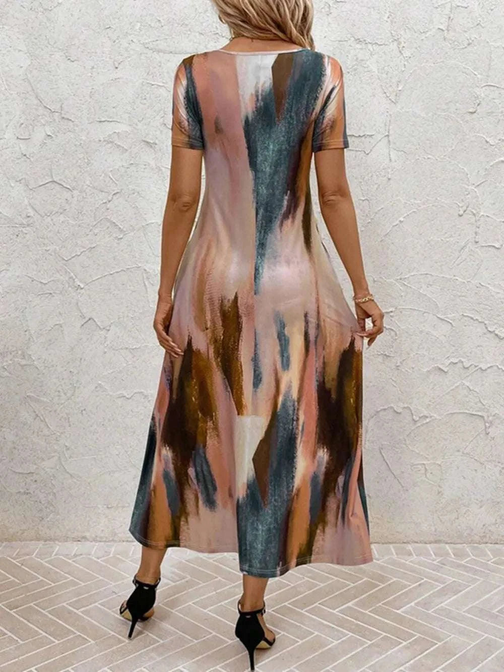 Wholesale MOQ6 Tie-Dye V-Neck Short Sleeve Midi Tee Dress Wholesale MOQ6 Tie-Dye V-Neck Short Sleeve Midi Tee Dress