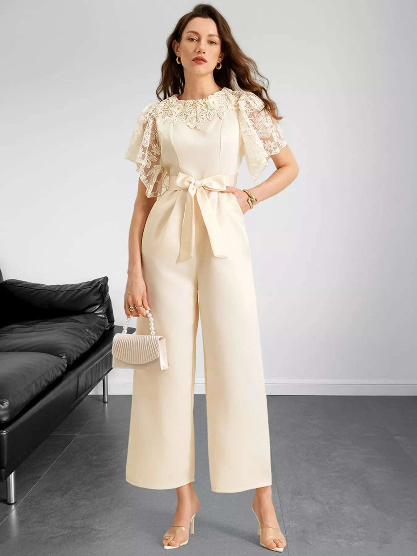 Apricot lace detail women’s wide leg jumpsuit front view