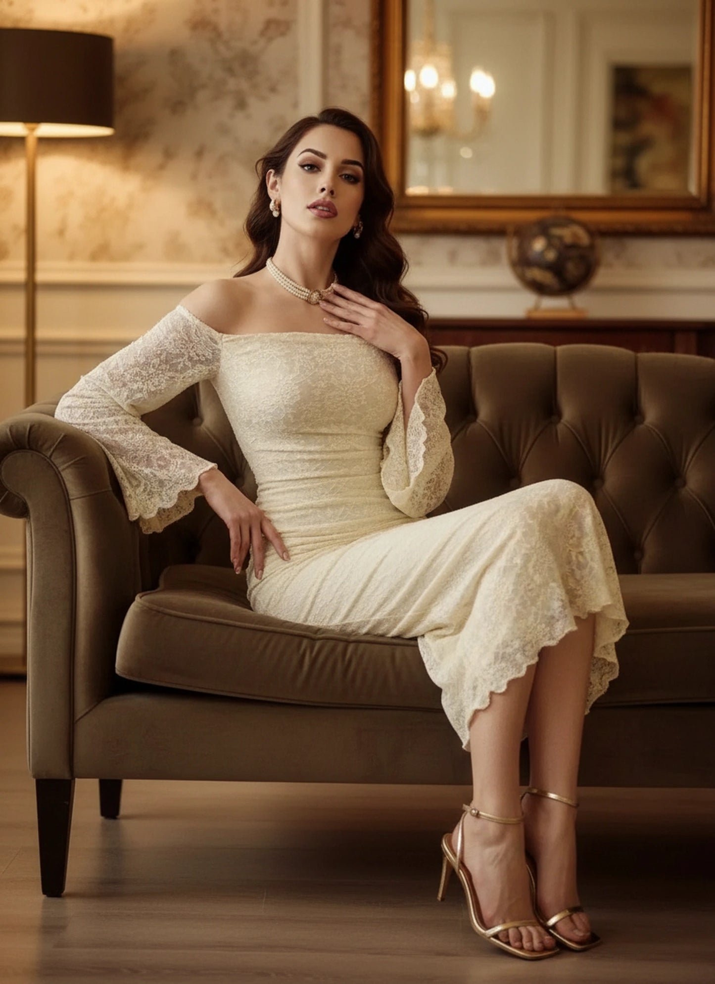 Apricot off shoulder dress women elegant evening look