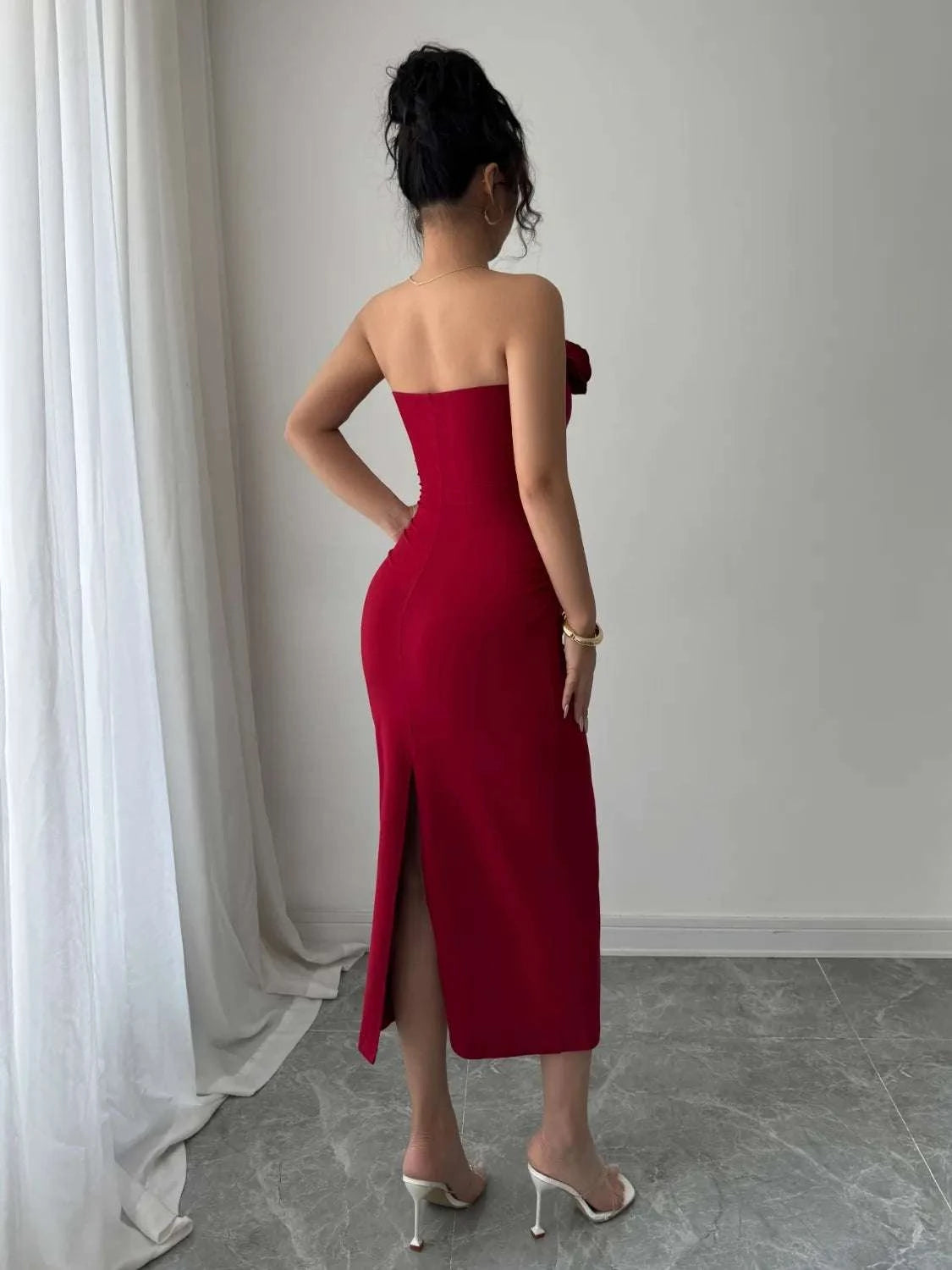 Back slit detail on scarlet flower midi dress