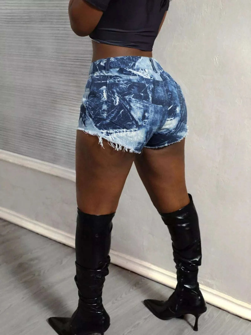 Back view of blue women’s denim shorts