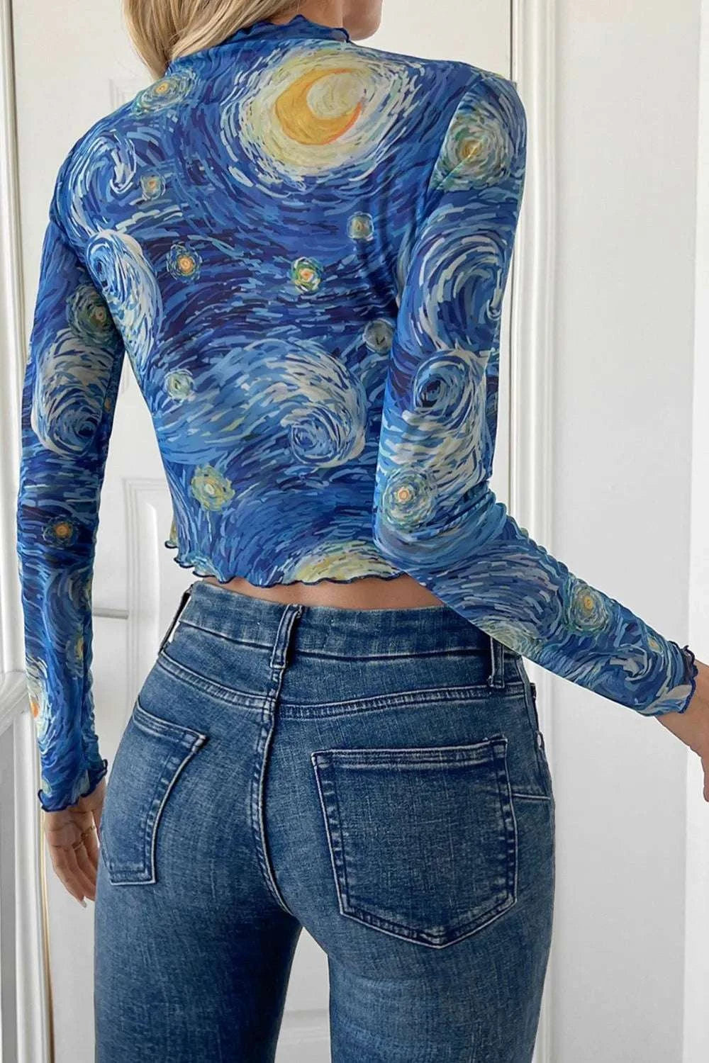 Back view of breathable sheer mesh t-shirt women lightweight design