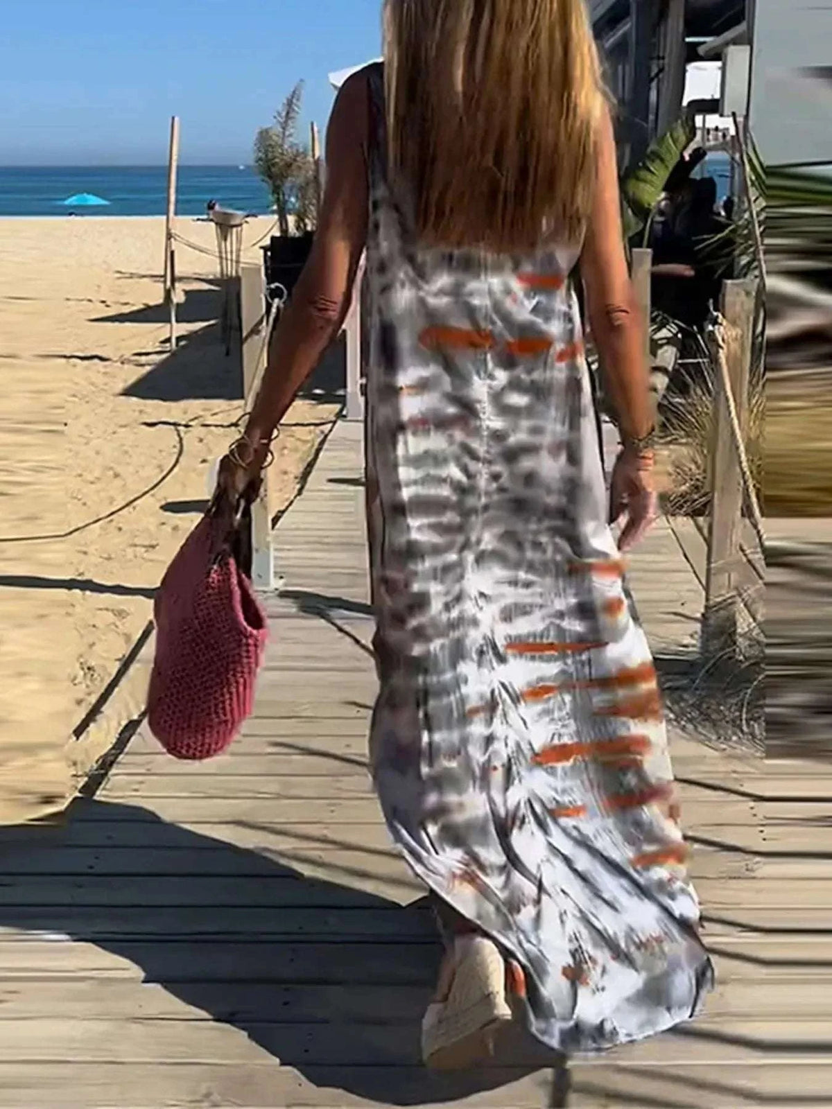 Back view of floral tie-dye maxi cami dress