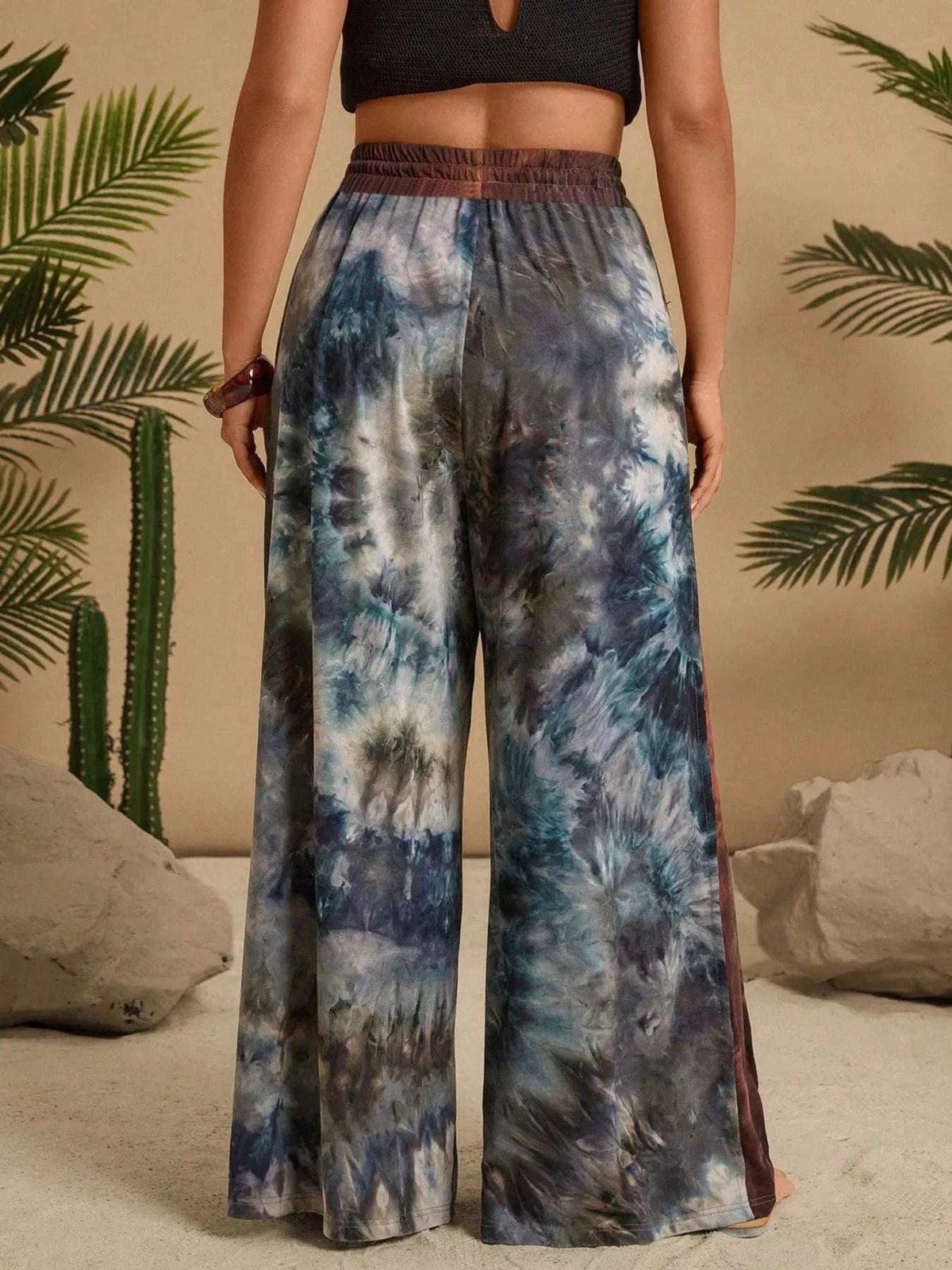 Back view of plus size casual wide leg pants women