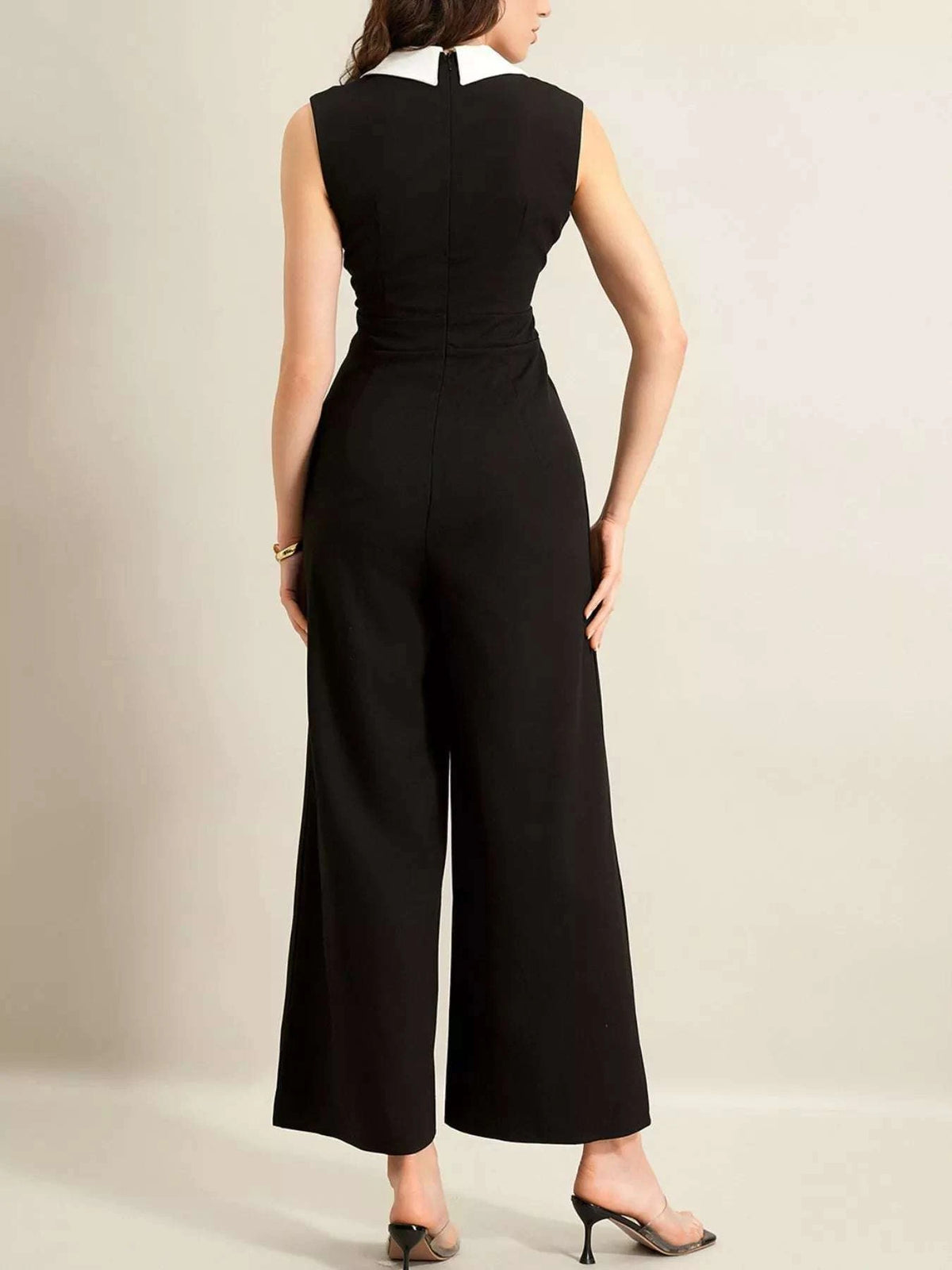 Back view of sleeveless wide leg jumpsuit women