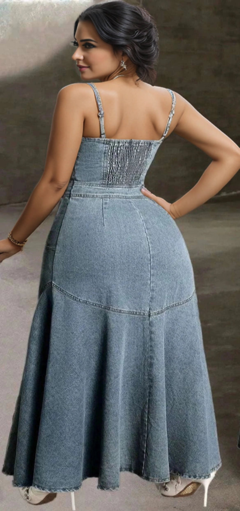 Back view of smocked denim dress women summer style