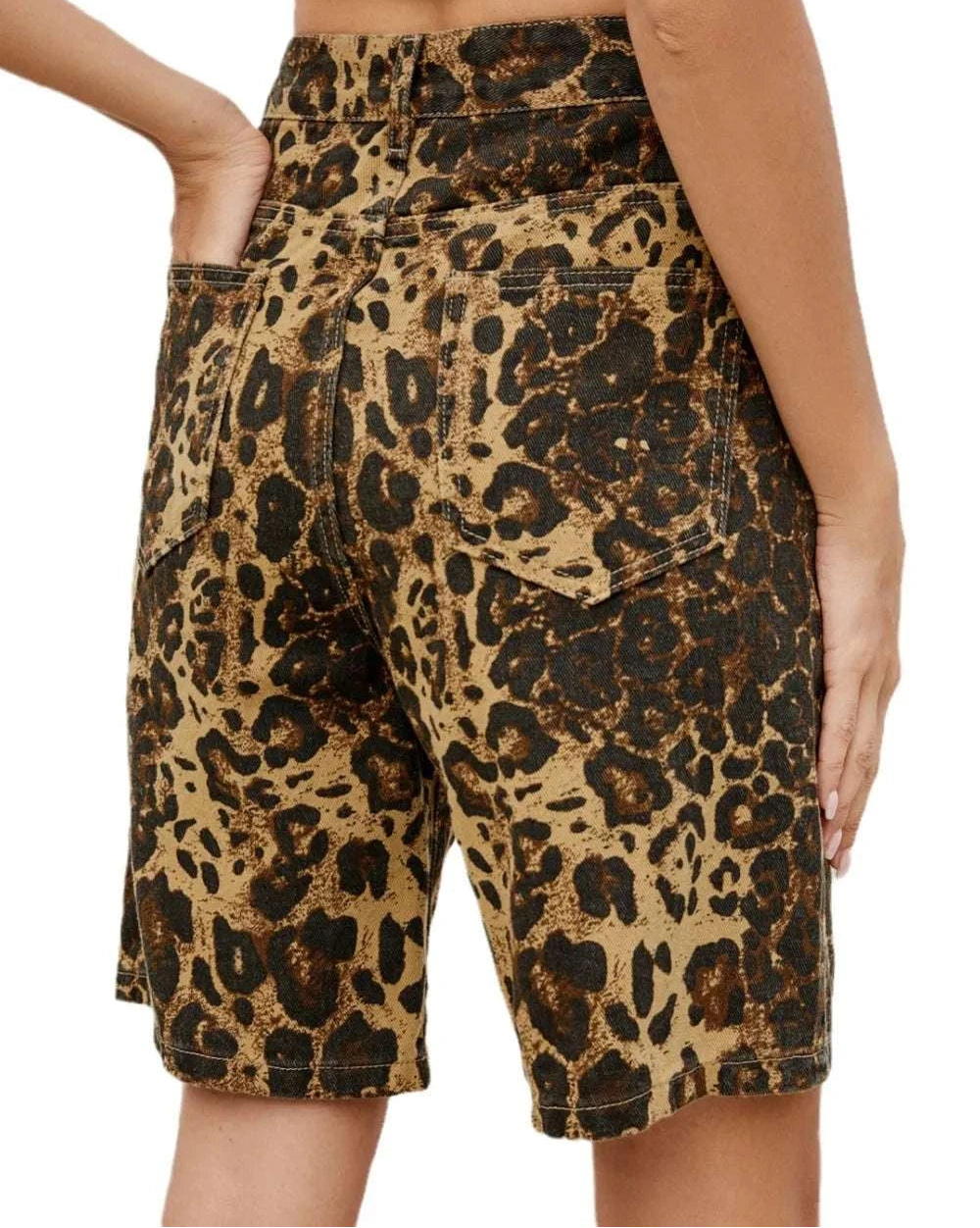 Back view of street style leopard high waist shorts for women