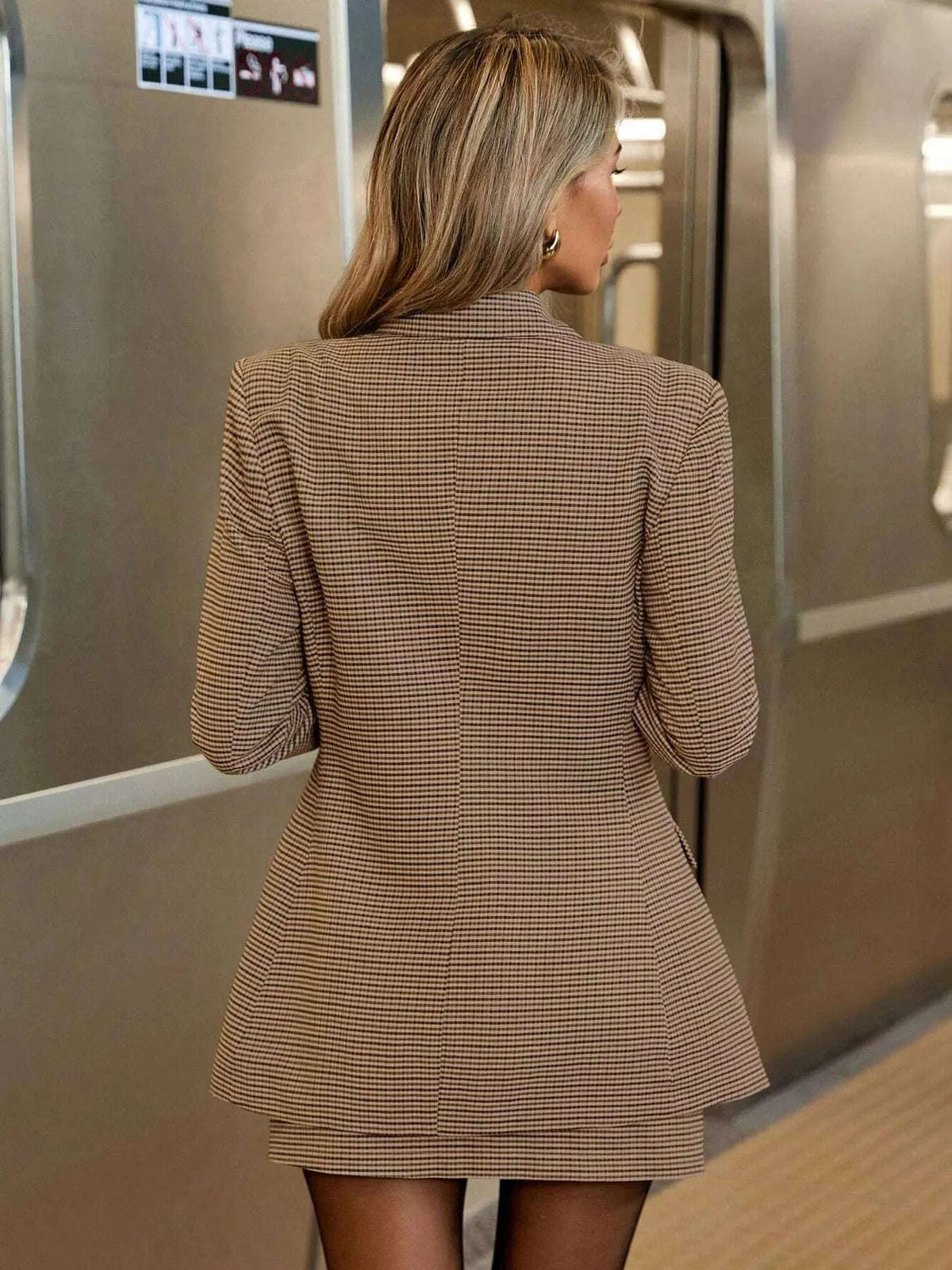 Back view of tailored plaid blazer skirt set women