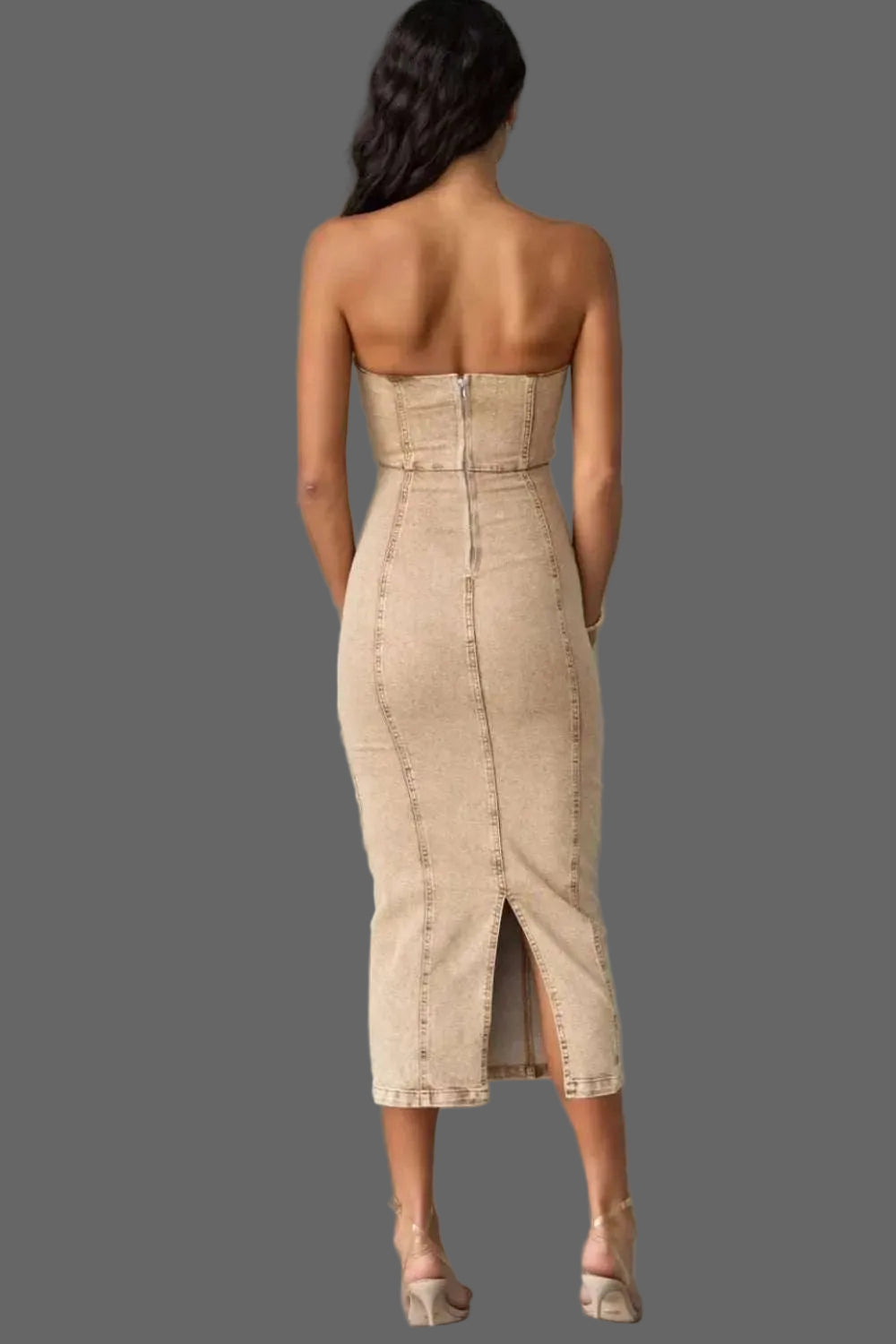 Back view of tan denim dress with slit detail