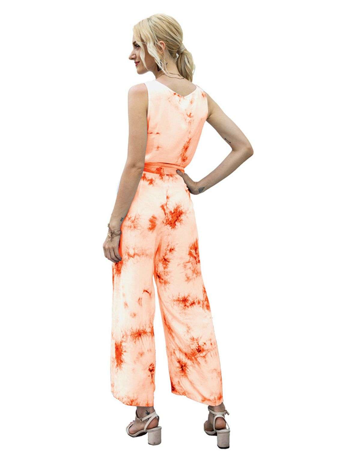 Back view of tie dye sleeveless jumpsuit for women