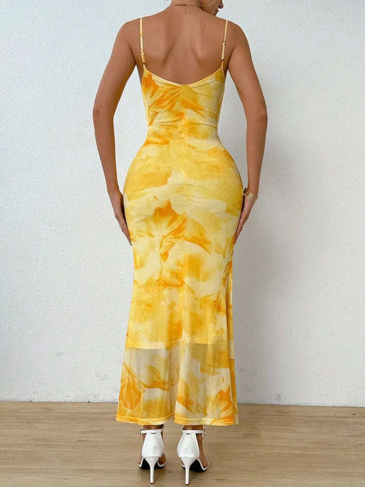 Back view of women’s tie dye cami maxi dress
