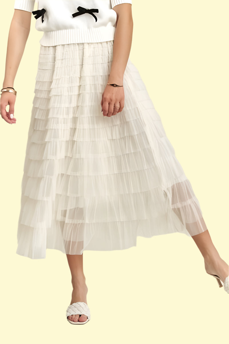 Beige layered mesh midi skirt for women