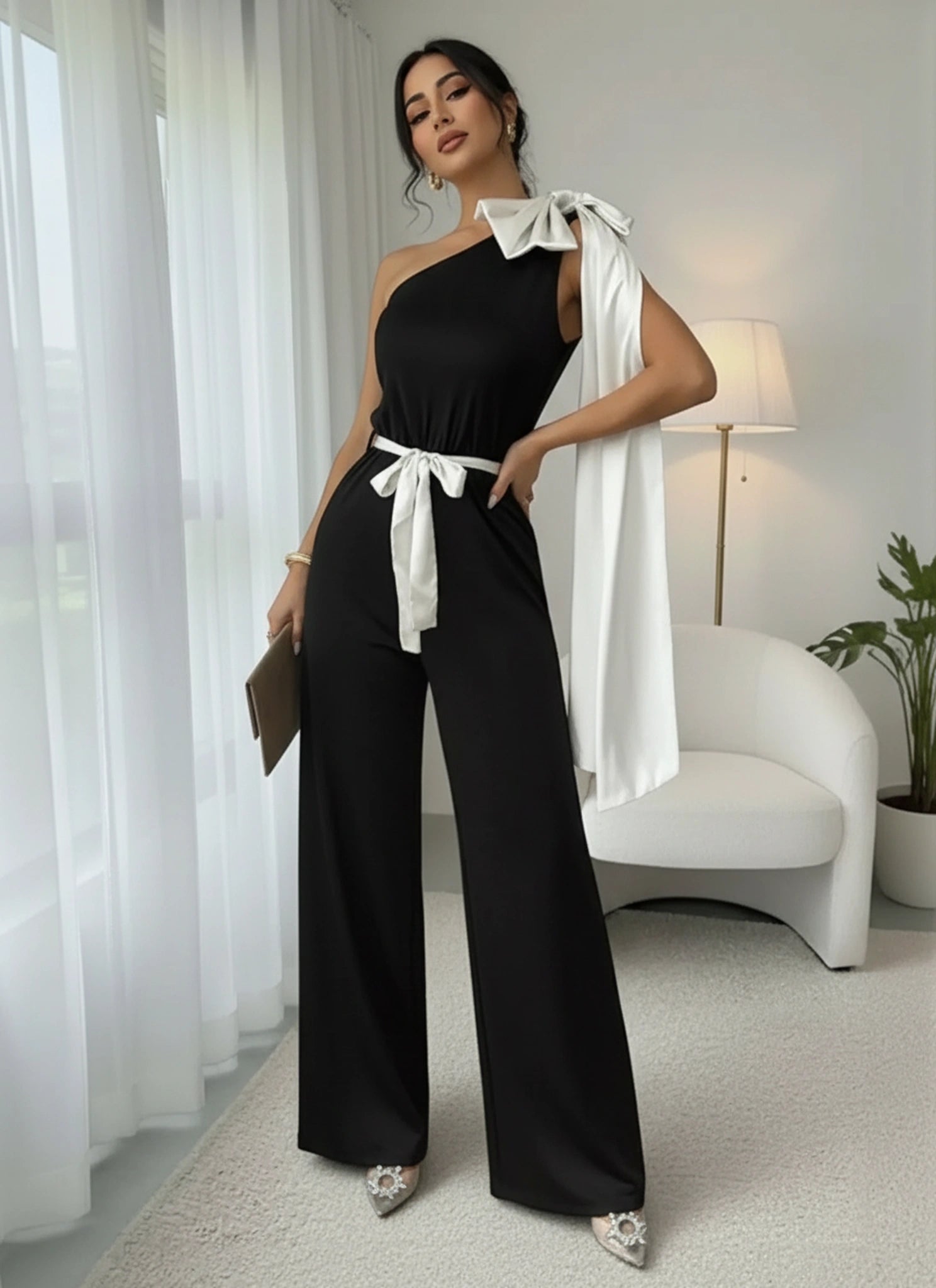 Black bowknot wide leg jumpsuit women front view