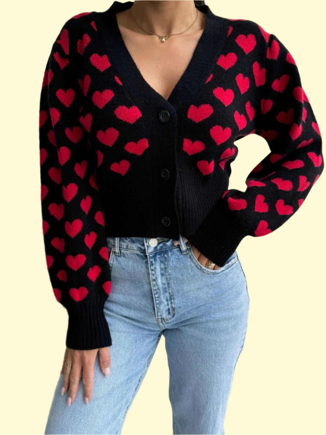 Black heart V-neck cropped cardigan for Valentine’s Day by WestCloset