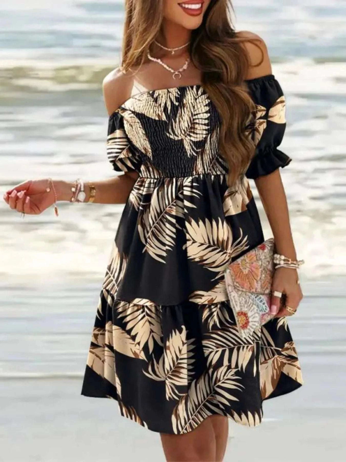 Black leaves printed women’s summer dress casual style
