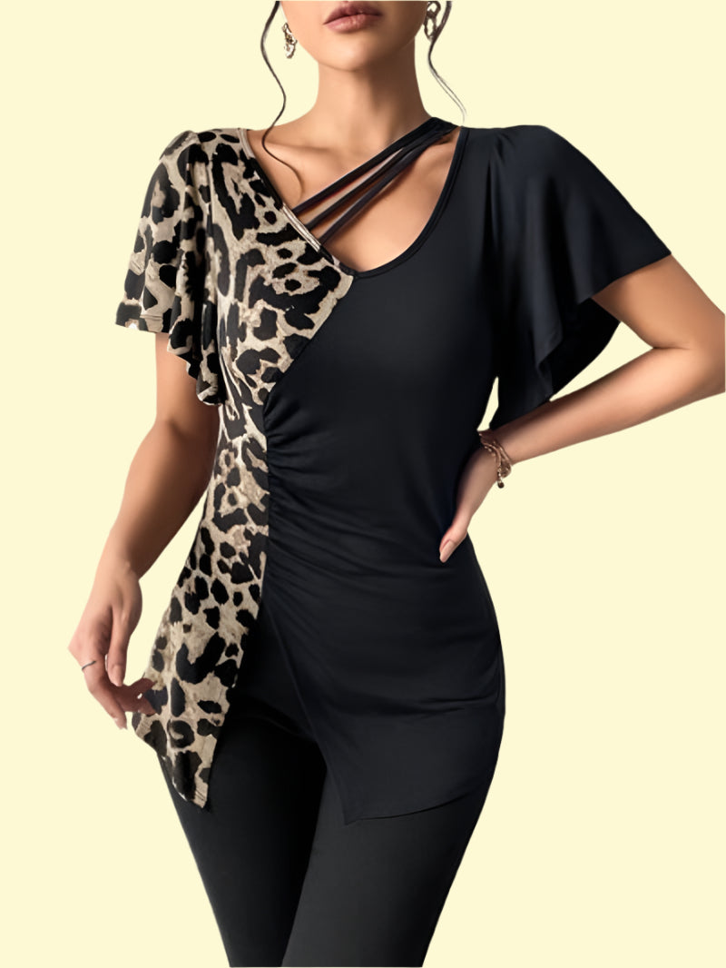 Black leopard print flutter sleeve T-shirt