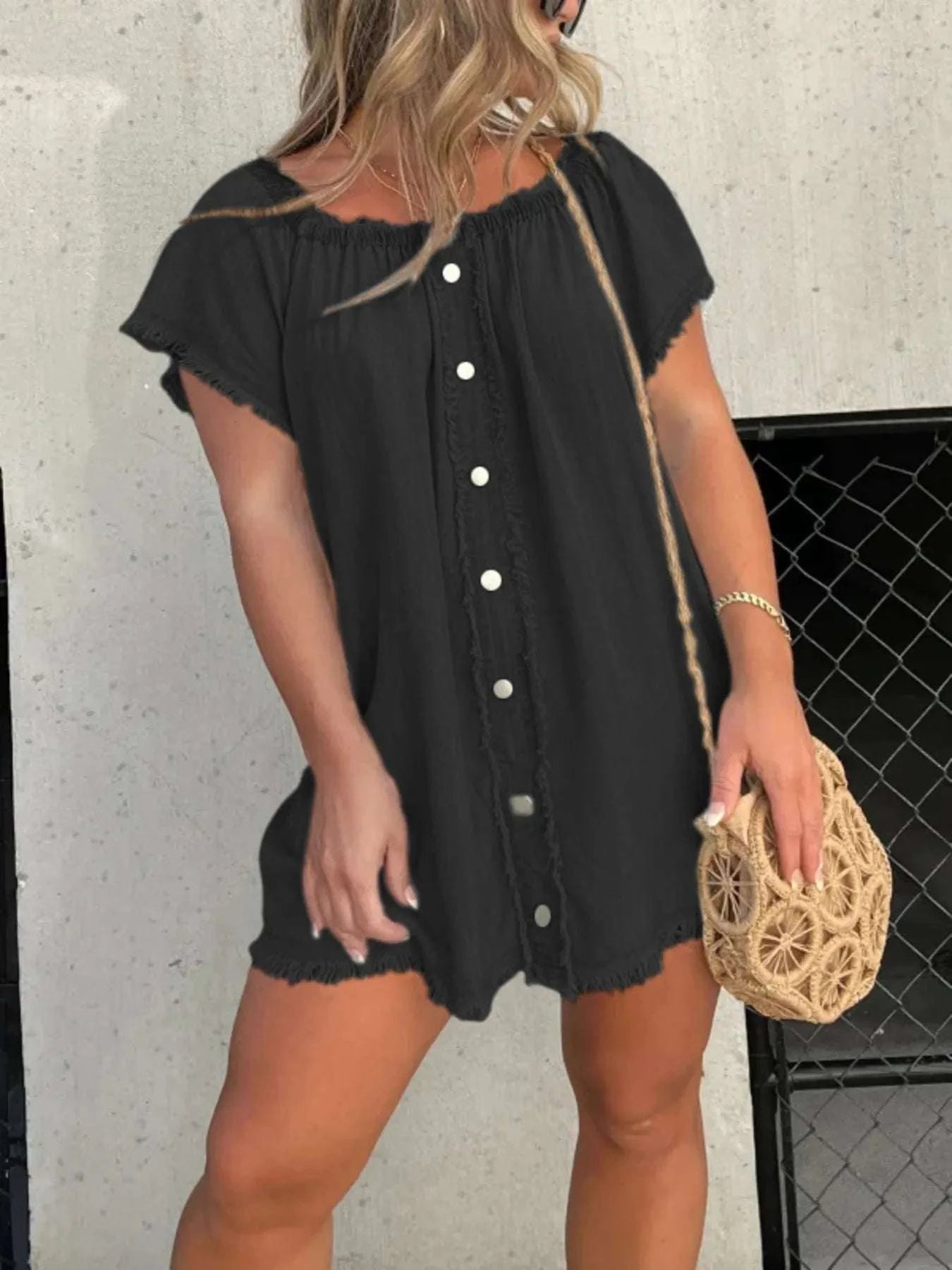 Black mini denim dress with button front