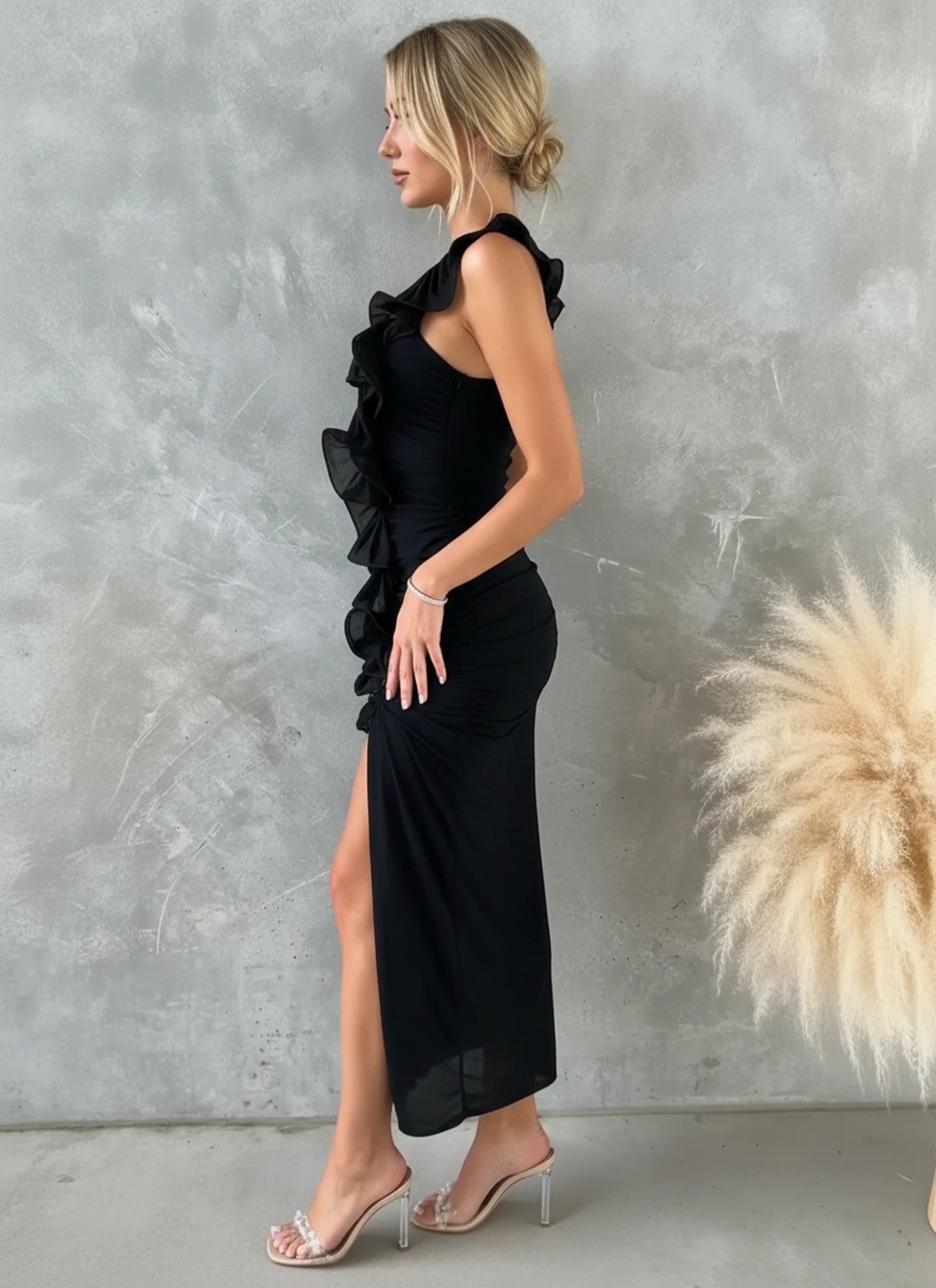 Black one shoulder ruffle party dress women side view