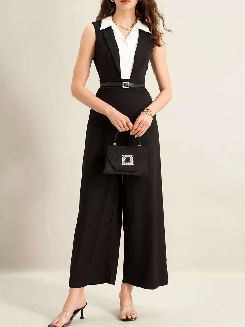 Black sleeveless wide leg jumpsuit women front view