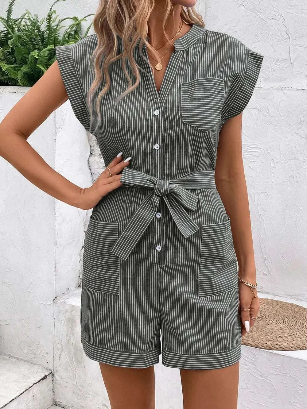 Black striped tie waist romper women outfit