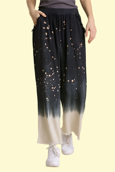 Bleach-dipped raw hem wide leg pants for women