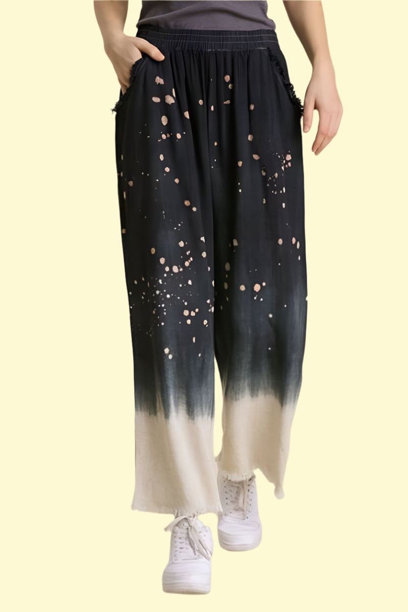 Bleach-dipped raw hem wide leg pants for women