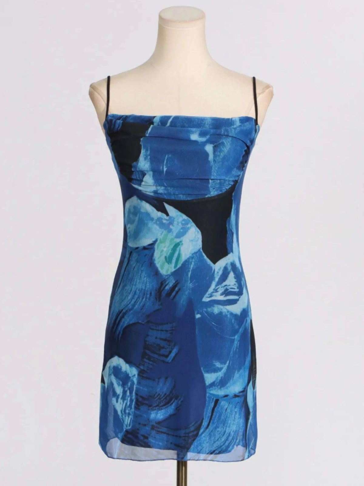 Blue cowl neck cami mini dress front view