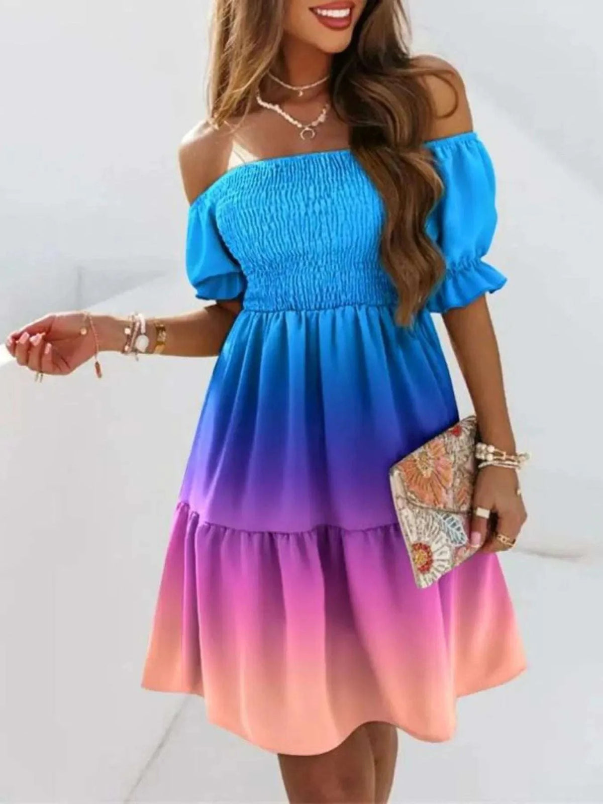 Blue tie dye off shoulder dress women summer fashion