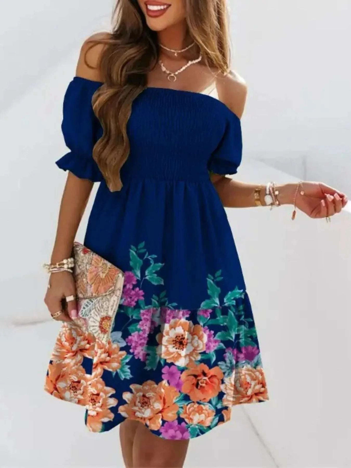 Blue yellow flower off shoulder dress women summer fashion