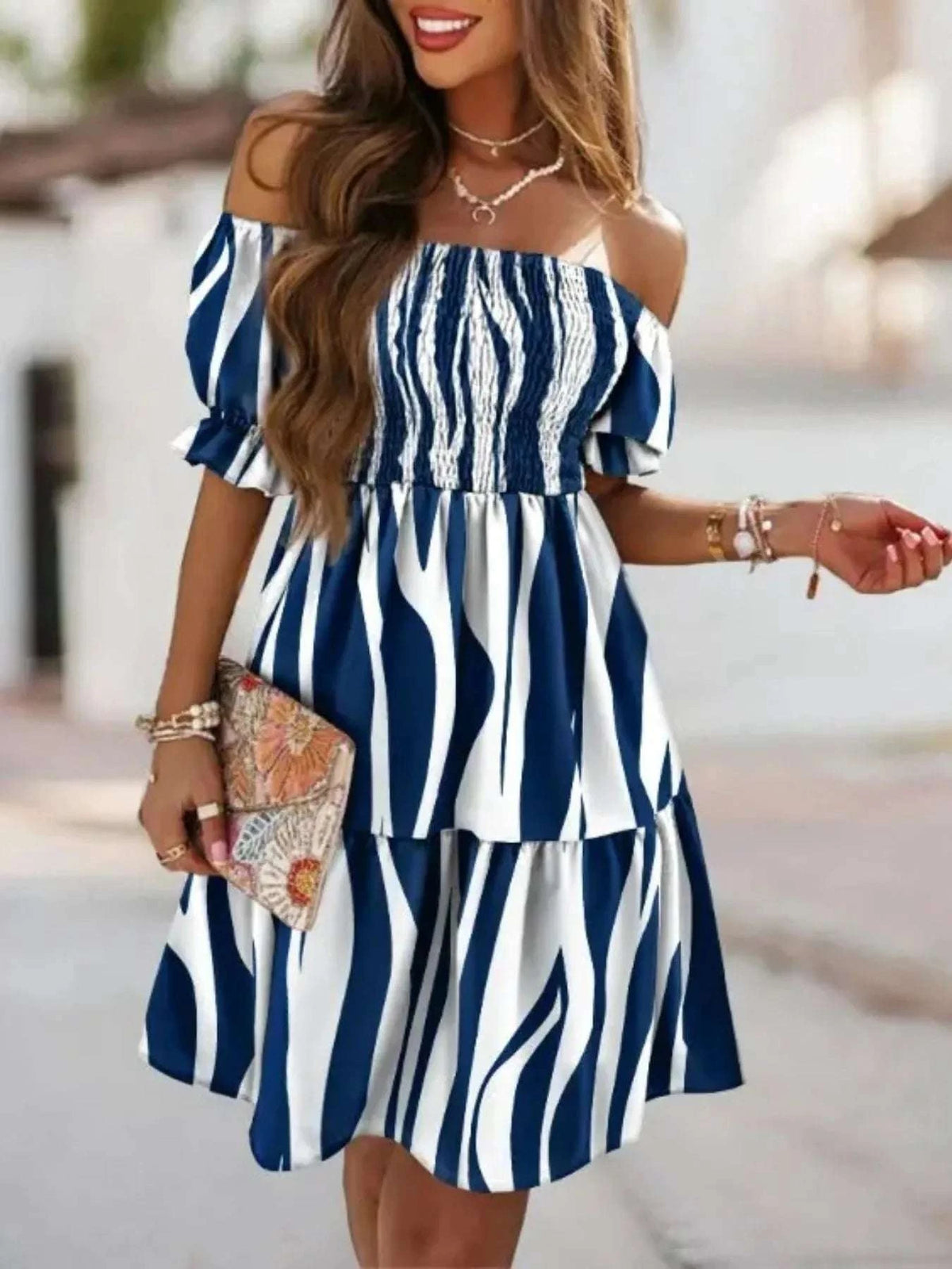 Blue zebra print off shoulder summer dress women
