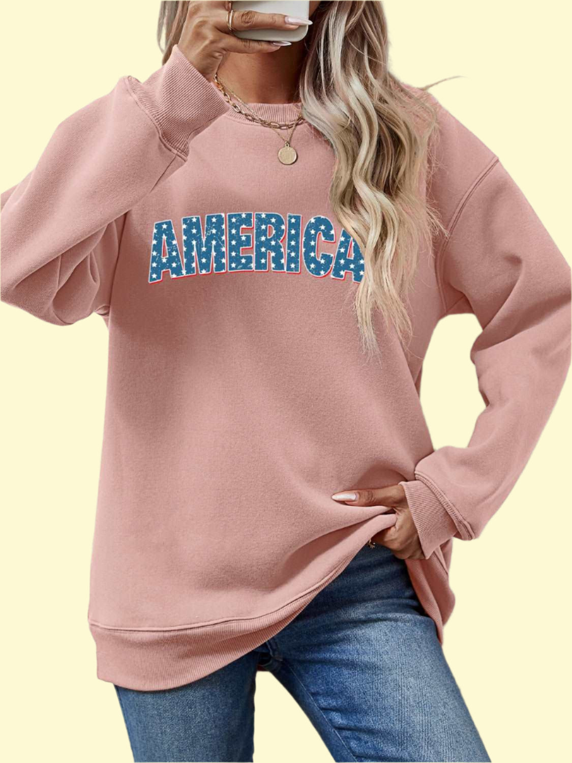 Blush Pink AMERICA Round Neck Dropped Shoulder Sweatshirt