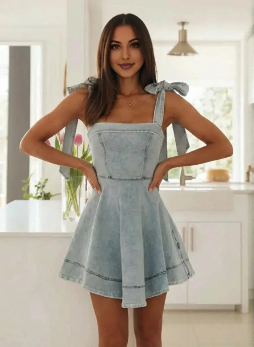 Bow shoulder square neck denim mini dress for women in light blue