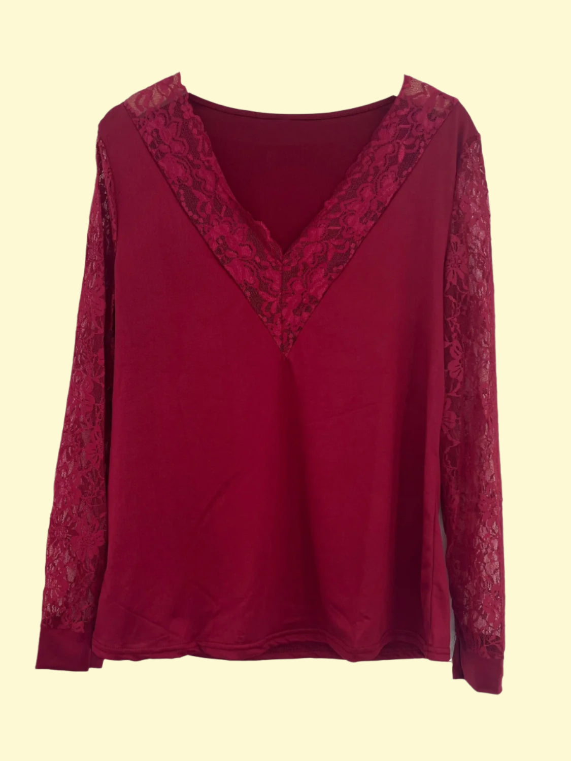 Burgundy Long Sleeve Women's Blouse with Lace Design